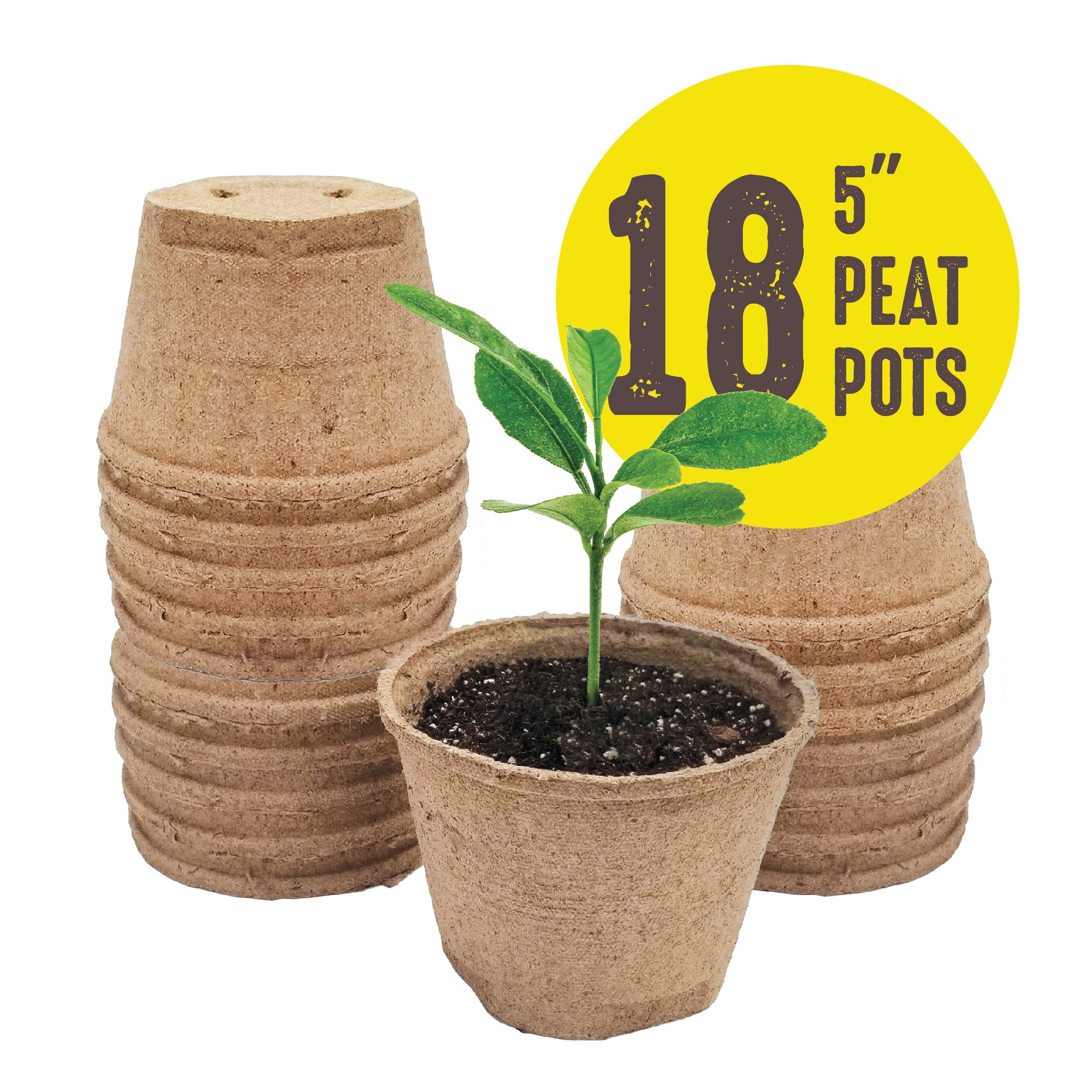 A stack of brown 5 inch Jiffy biodegradable peat pots